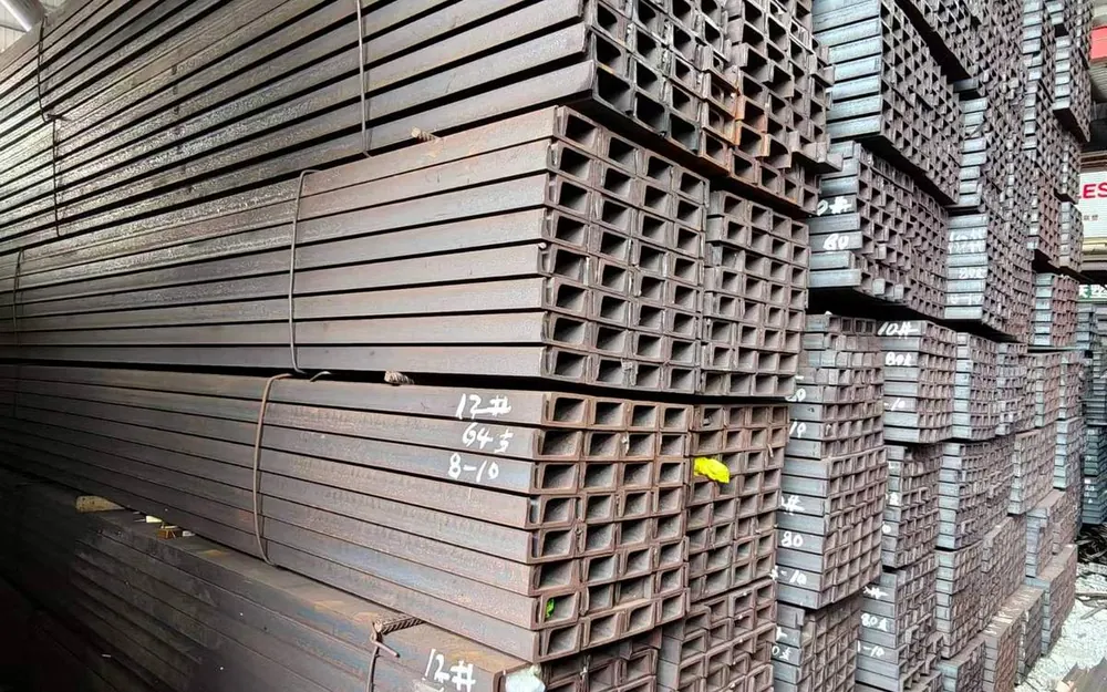 Square steel tube stock rows in the warehouse